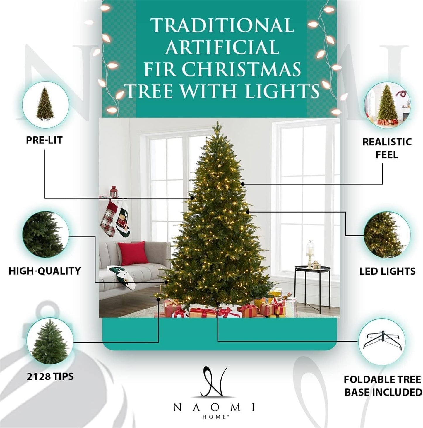 Naomi Home 4.5ft Christmas Tree with Lights, Realistic Fir Christmas Tree Prelit with 679 Branch