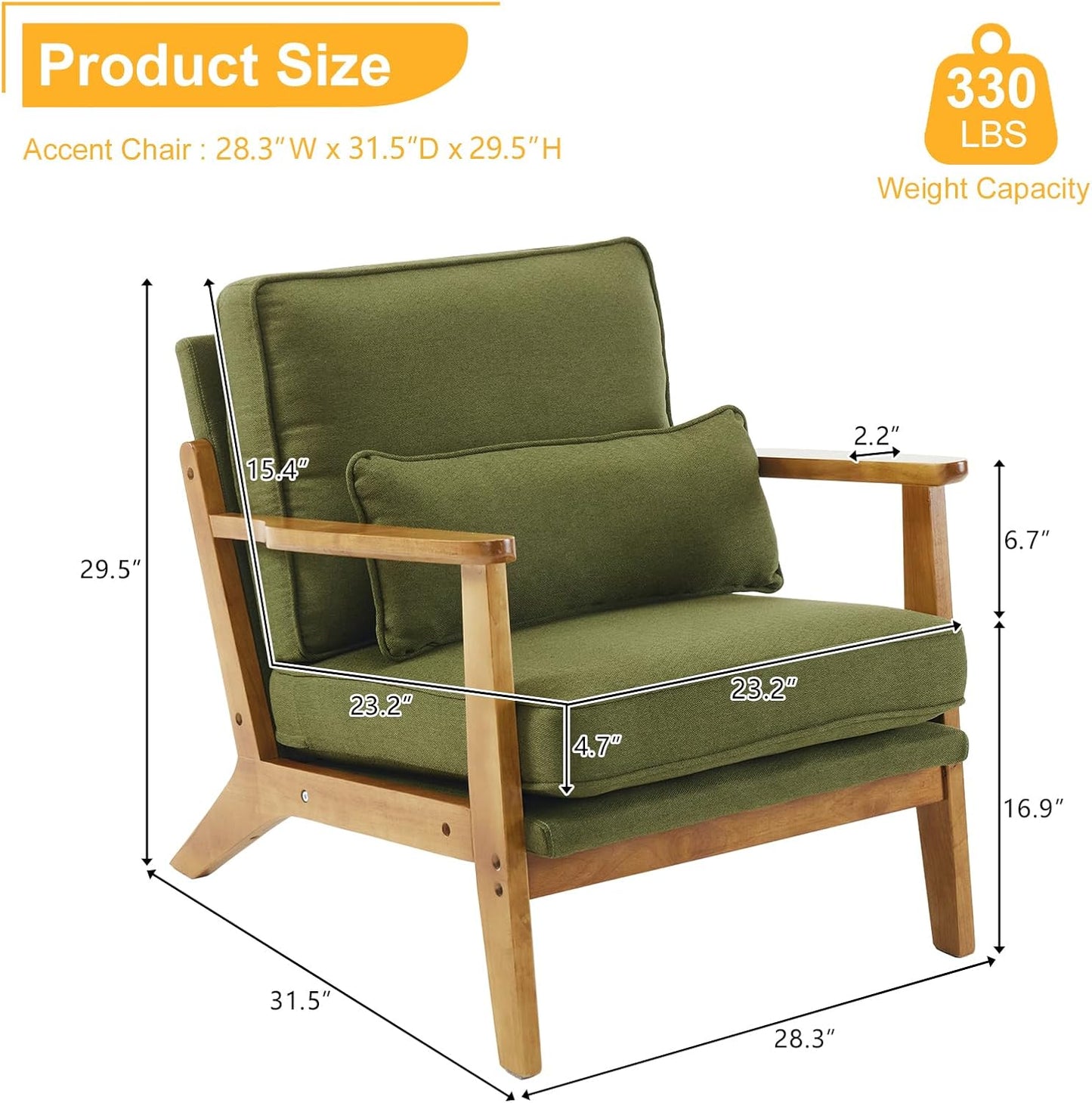 Karl home Accent Chair Wide Armrest Mid-Century Lounge Chair Linen Fabric Armchair with Lumbar