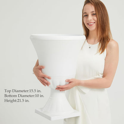 Worth Garden 2-Pack Plastic Urn Planters - 22'' Tall Round Classic Resin Flower Pots Pure White
