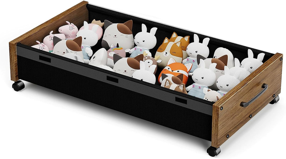 Wooden Under Bed Storage with Wheels, Rolling Under the Bed Storage Bins with Removable Lid, Metal