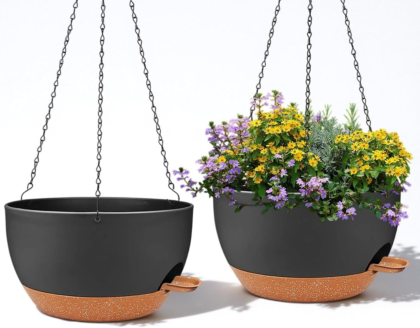 2 Pack 12 Inch Large Hanging Planters with Chains Self Watering Black Brown Plastic Hanging Pots