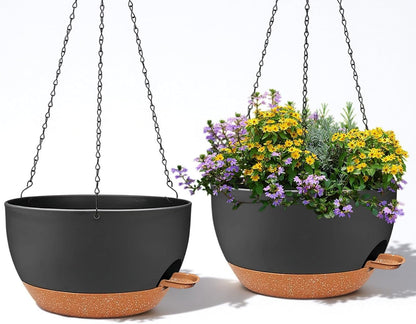2 Pack 12 Inch Large Hanging Planters with Chains Self Watering Black Brown Plastic Hanging Pots