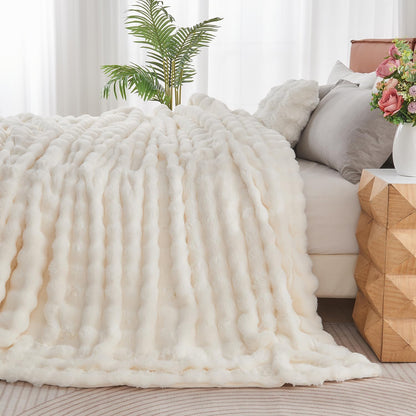 Lotus Karen King Size Faux Fur Blanket Cream White - Big Bubble Rabbit Fluff Throw for Bed Large