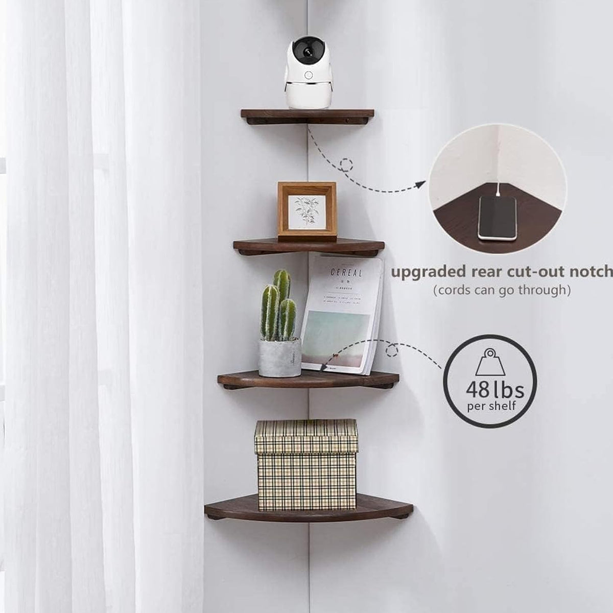 Corner Shelves, Floating Corner Shelf, Set of 2 Solid Oak Wood Wall Shelves, Round End Wall Mount