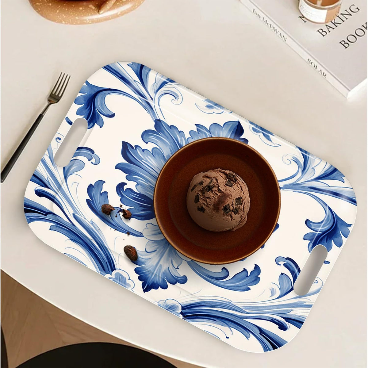 Serving Trays with Handles, 14.5 x 9.8 inch Rectangular Plastic Tray for Restaurant, Kitchen, Blue
