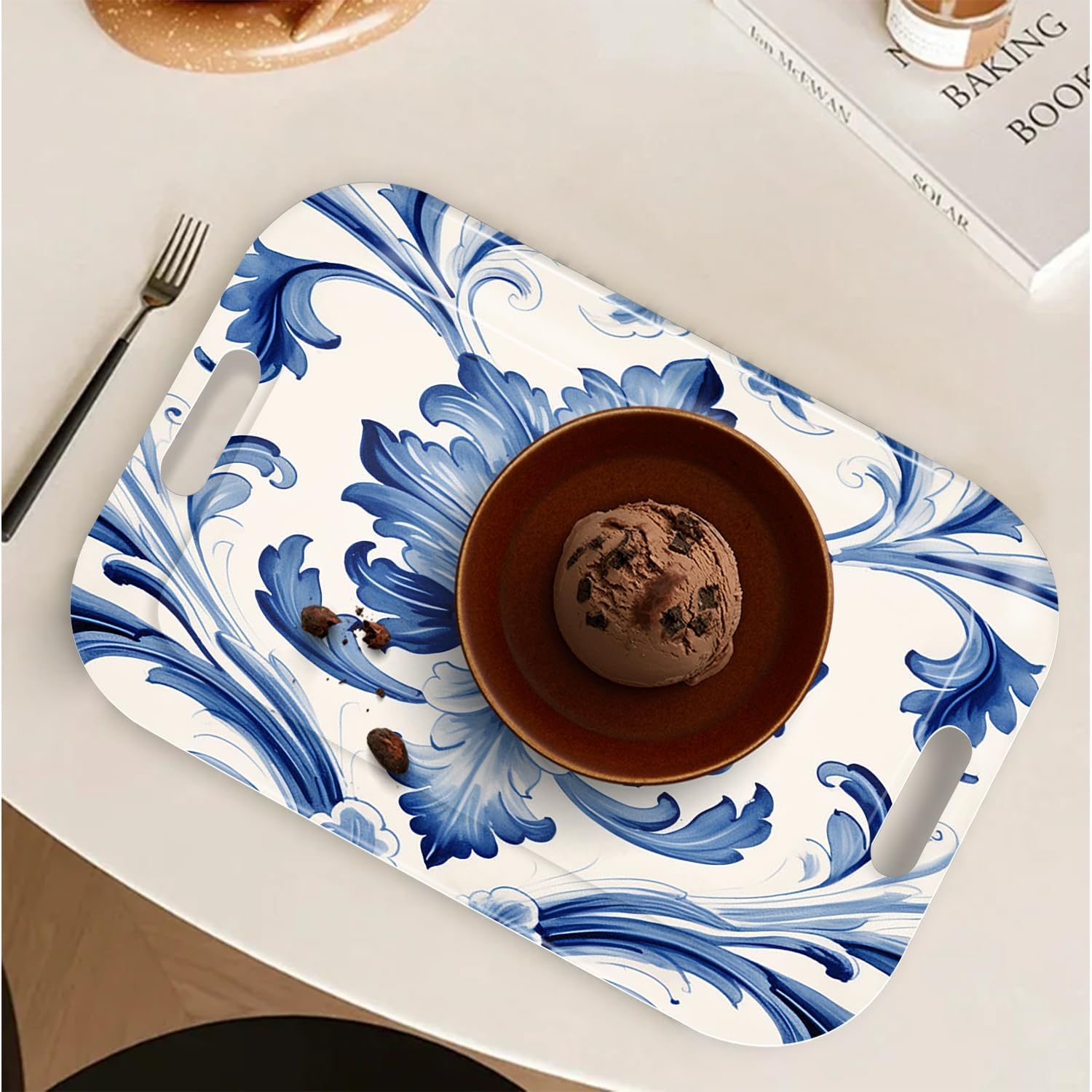 Serving Trays with Handles, 14.5 x 9.8 inch Rectangular Plastic Tray for Restaurant, Kitchen, Blue