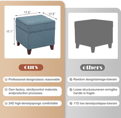 Adeco 17" Square Ottoman with Storage, Small Blue Storage Ottoman Foot Rest with Hinged Lid & Solid