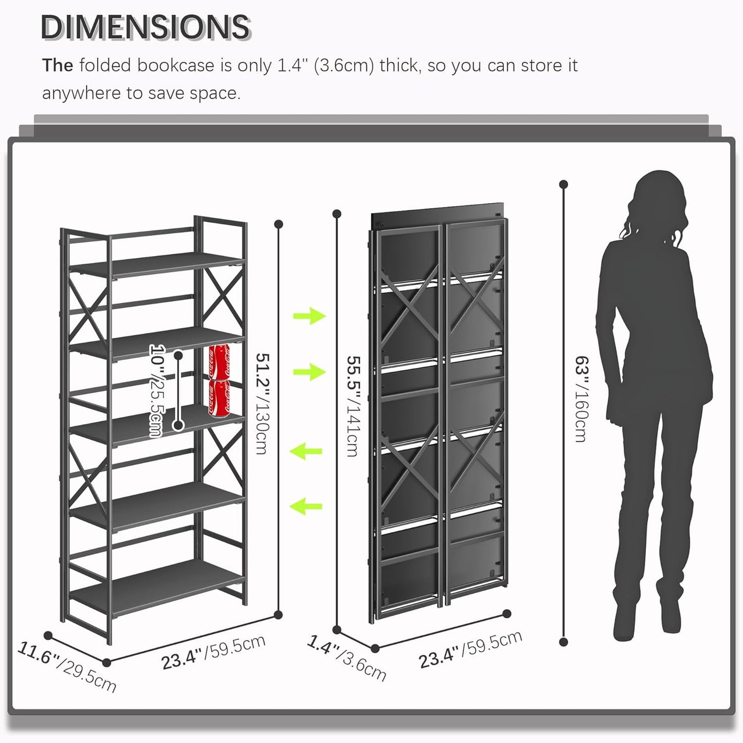4NM 5 Tiers No Assembly Book Shelves, 51.2" H Folding Bookshelf Bookcase Open Industrial Foldable