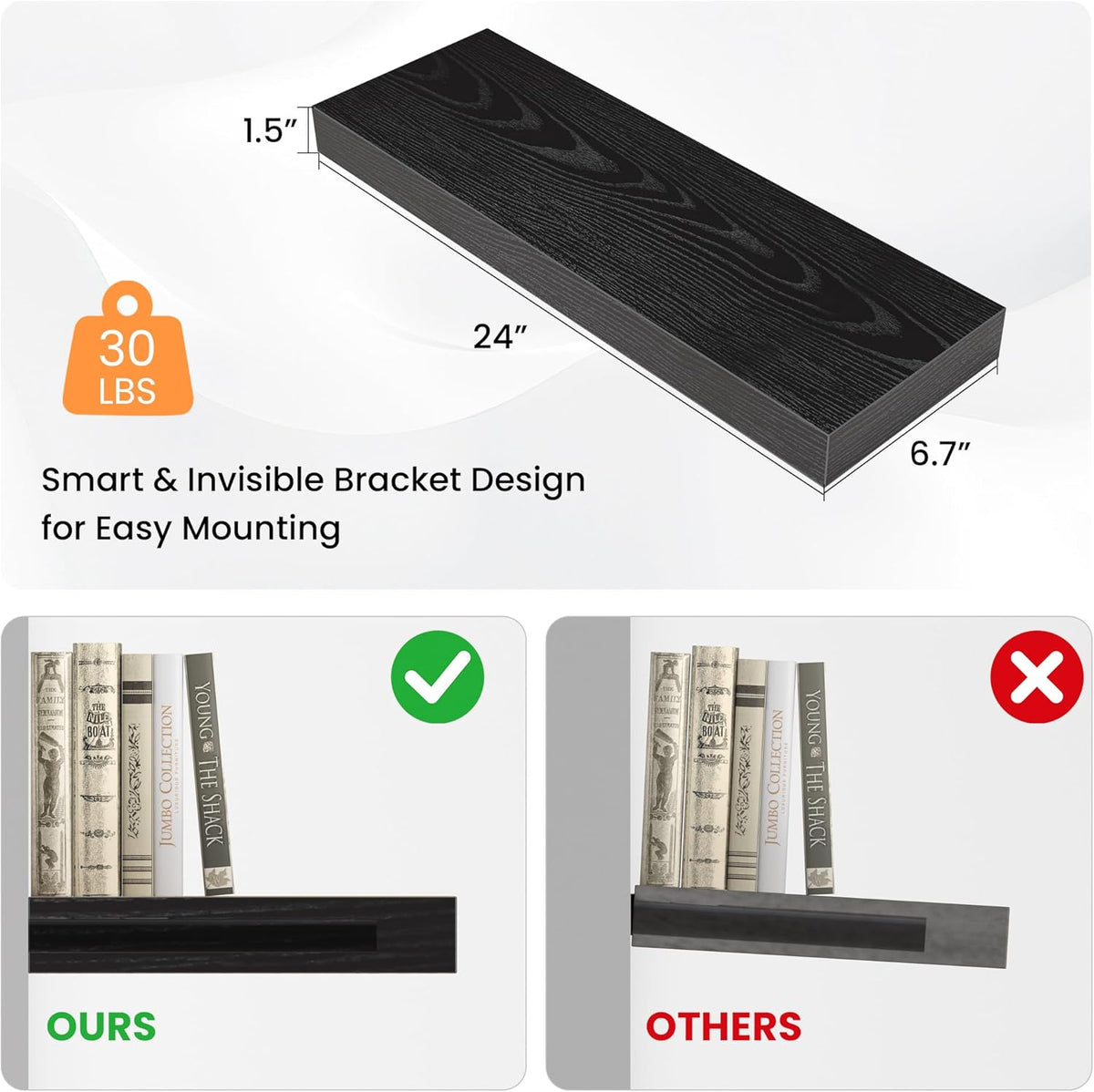Floating Shelves for Wall, 24" W x 6.7" D x 1.5" H, Wooden Wall Mounted Display Shelves with