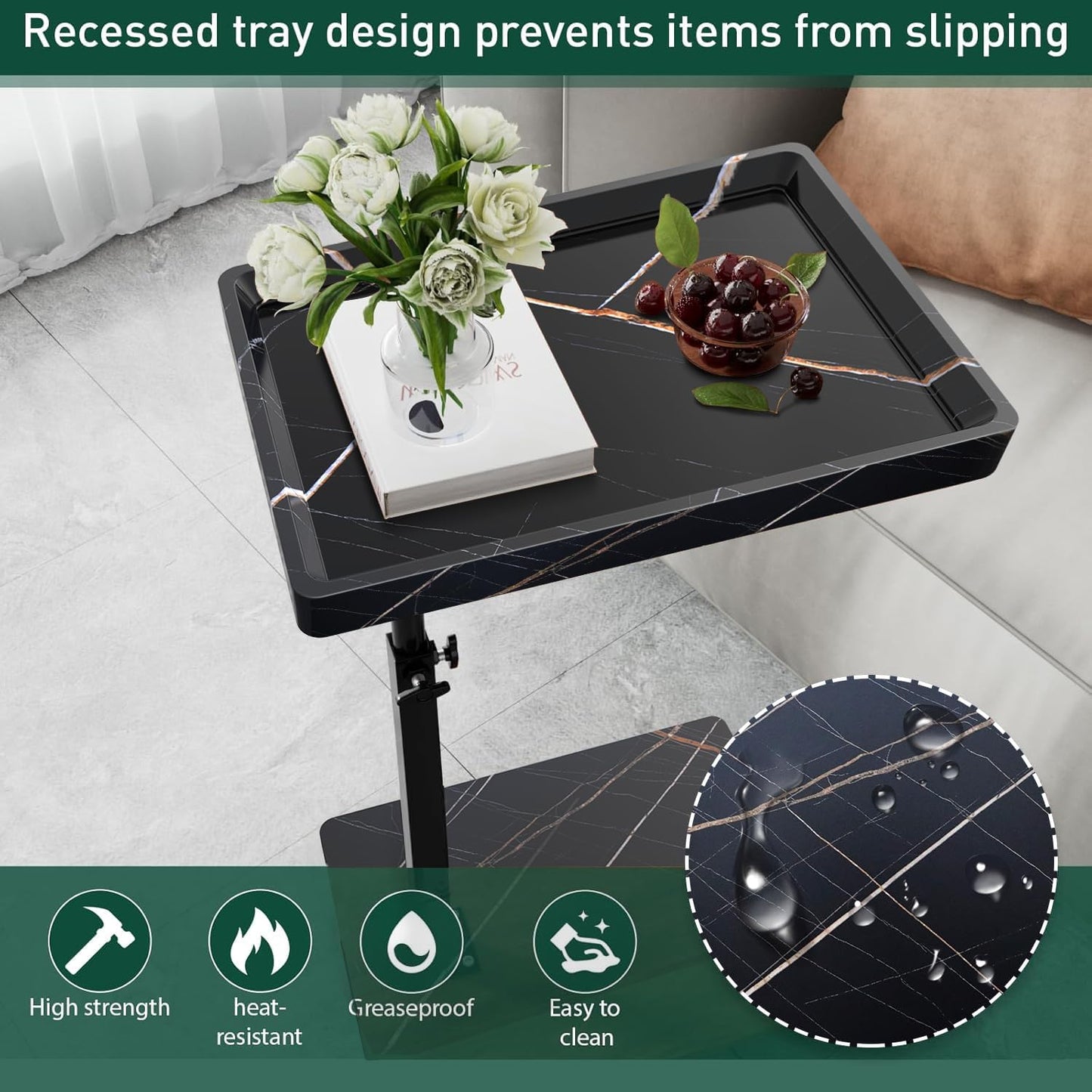 C Table End Table Adjustable Height, 360°Swivel TV Tray Table for Small Spaces, Couch Tables That