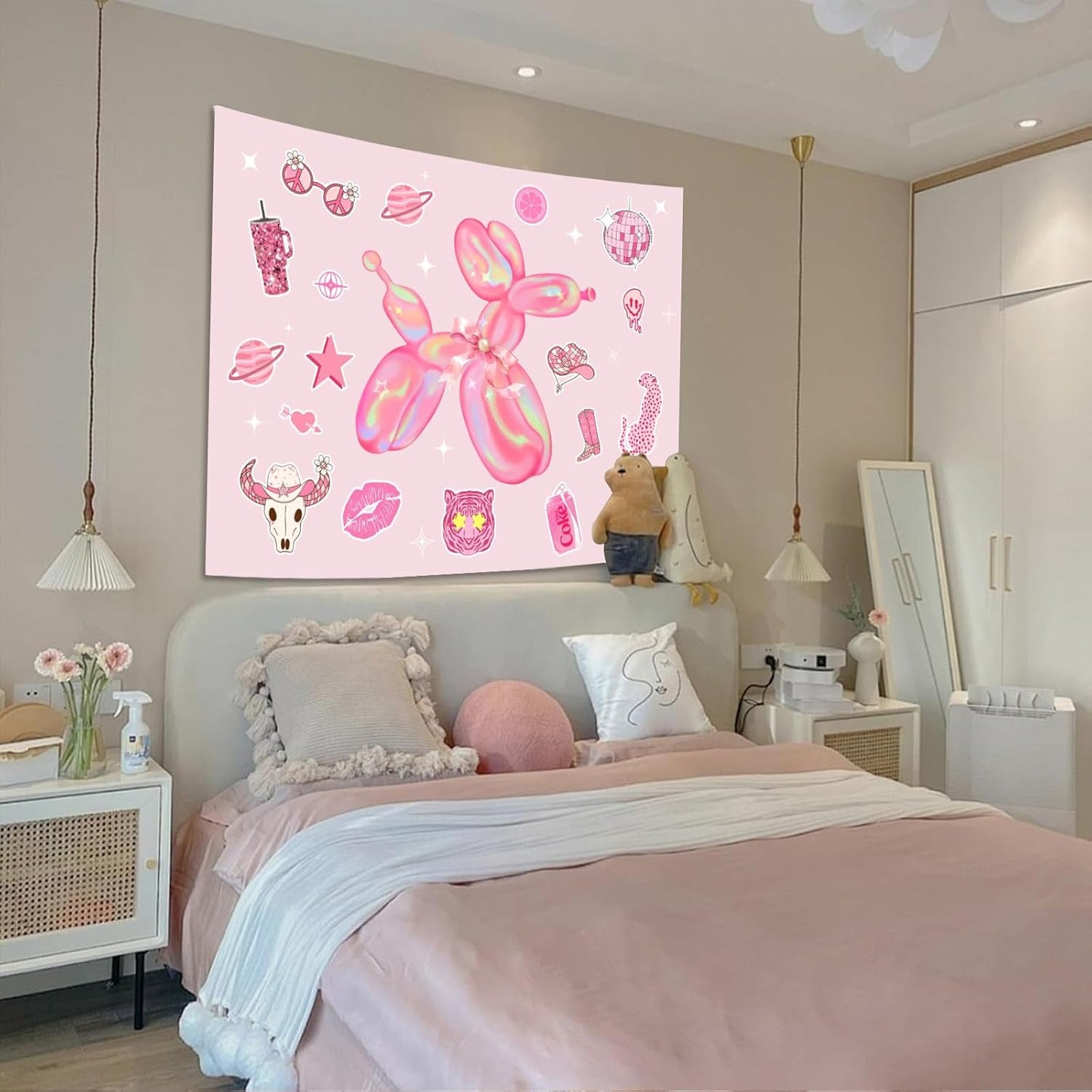 Lunerfex Y2K Tapestry Pink Dog Wall Tapestry, Cute Tapestries for Bedroom Funny Tapestries Wall