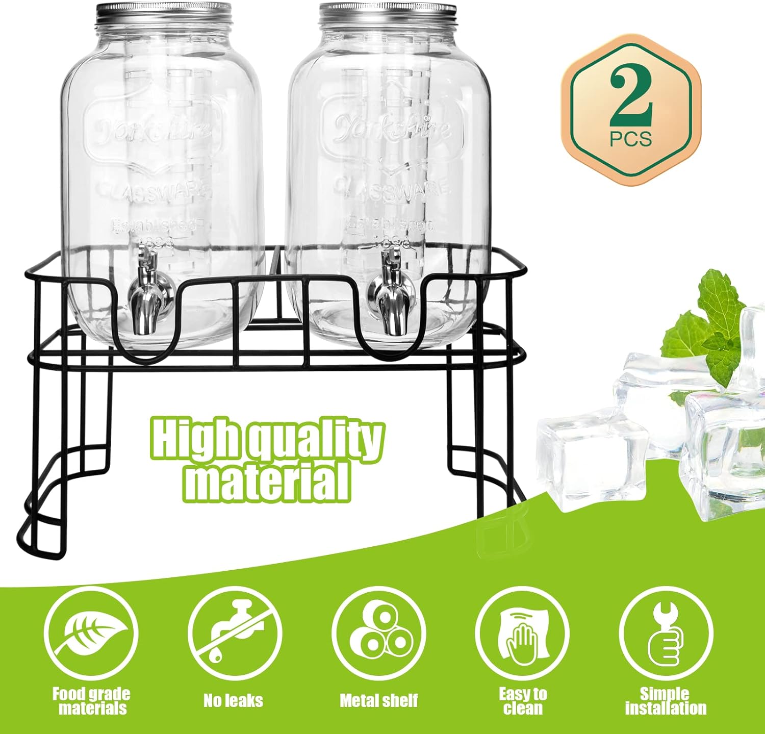1 Gallon Glass Drink Dispensers For Parties 2PACK.Beverage Dispenser,Glass Drink Dispenser With