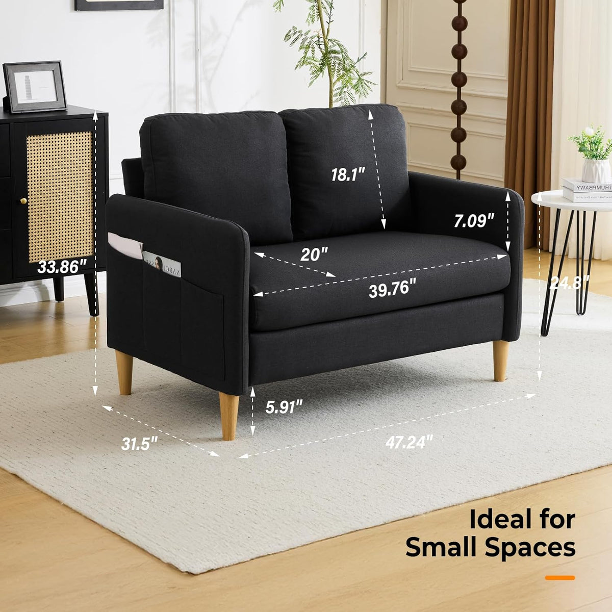 VINGLI 47" Small Couch, Linen Loveseat Sofa Black Mini Couch Mid Century Modern Decor Love Seat for