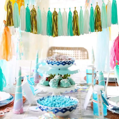 Teal-Blue Mint Beige-Gold Party-Decorations Tassel-Garland -20pcs Rustic Wedding Tassels Banner