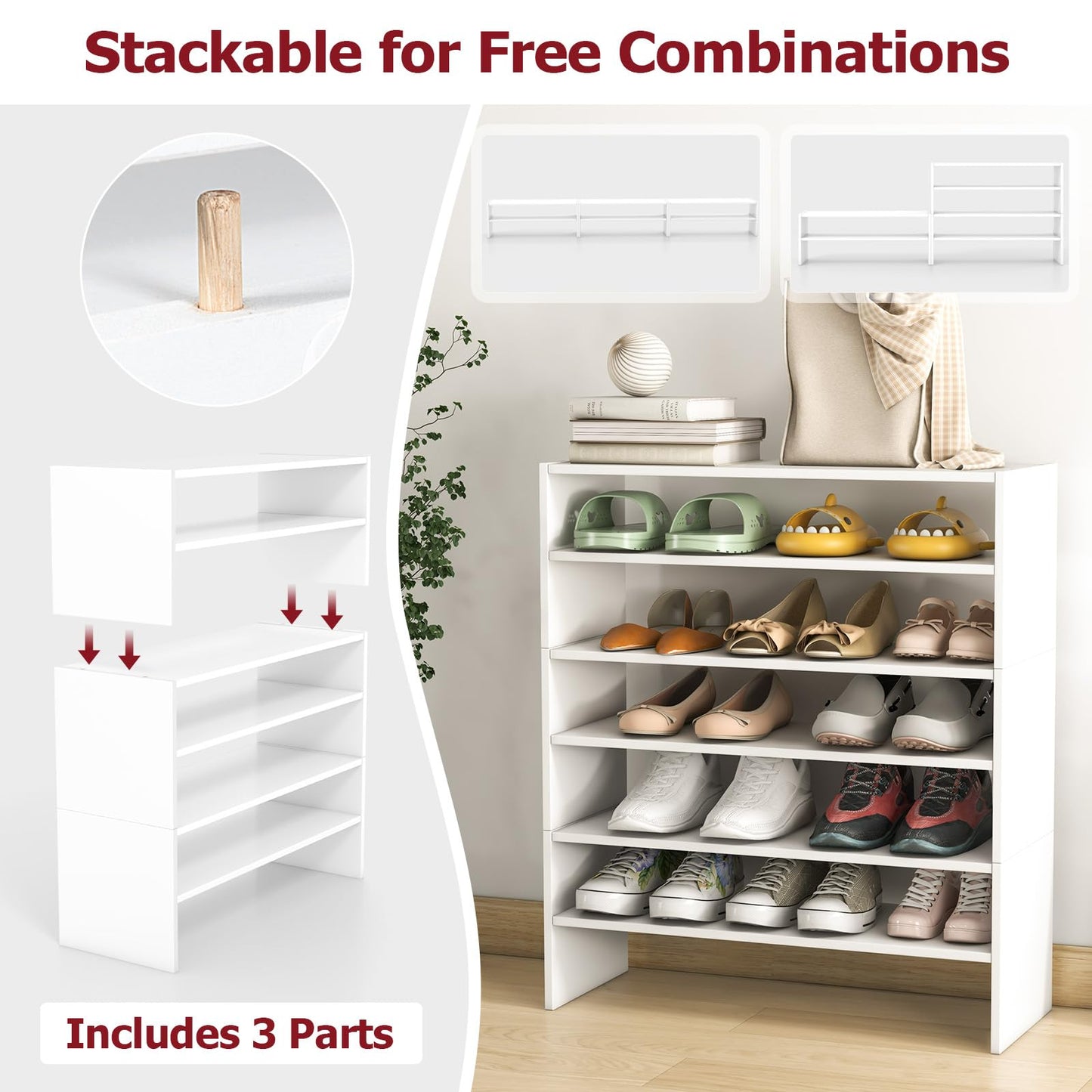 Tangkula 6-Tier Stackble Shoe Rack for Closet, Space Saving Wooden Corner Shoe Storage Shelf for 18