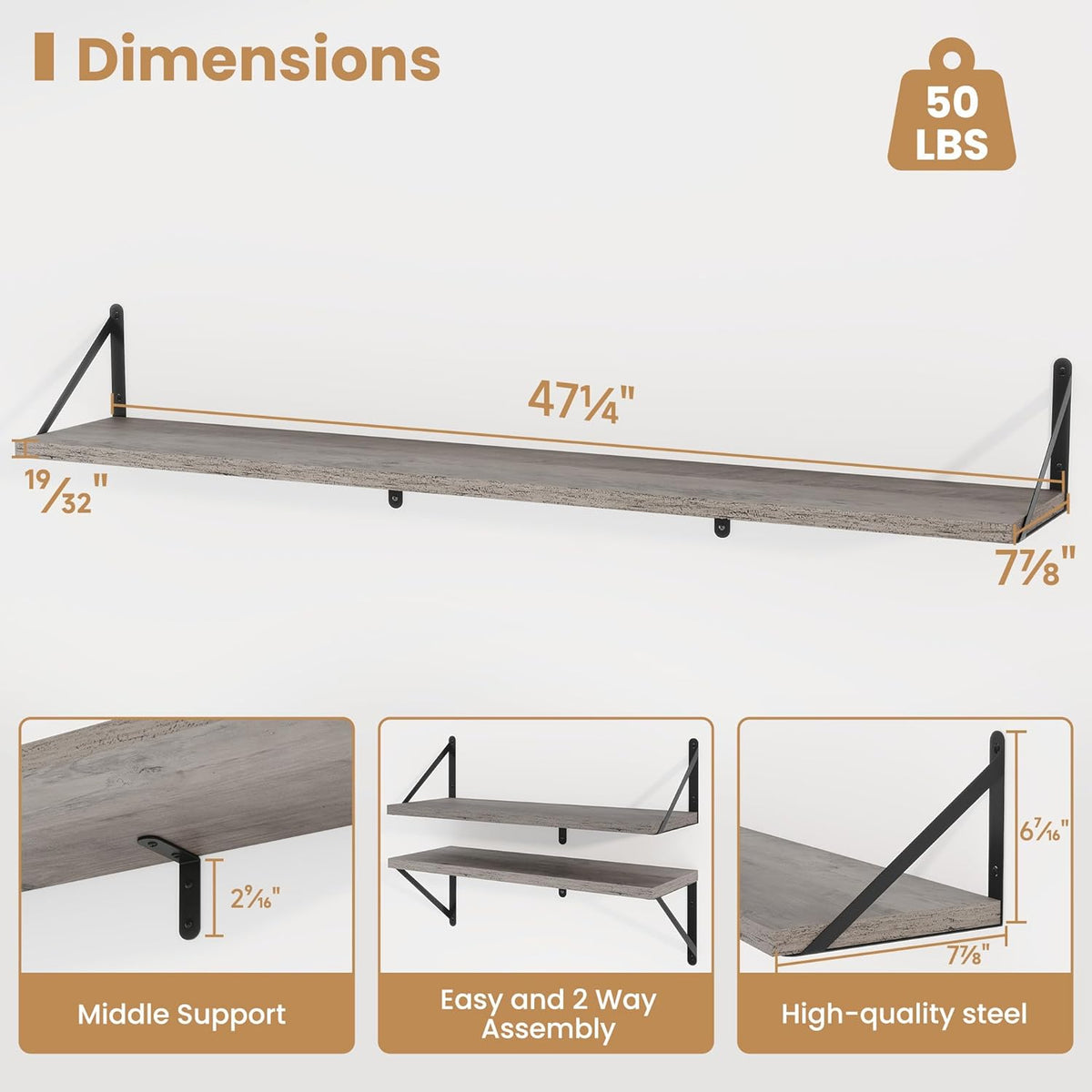 Heimlove 48 Inch Large Floating Bookshelves Set of 3,Wall Mounted Bookshelves,Heavy Duty Bracket