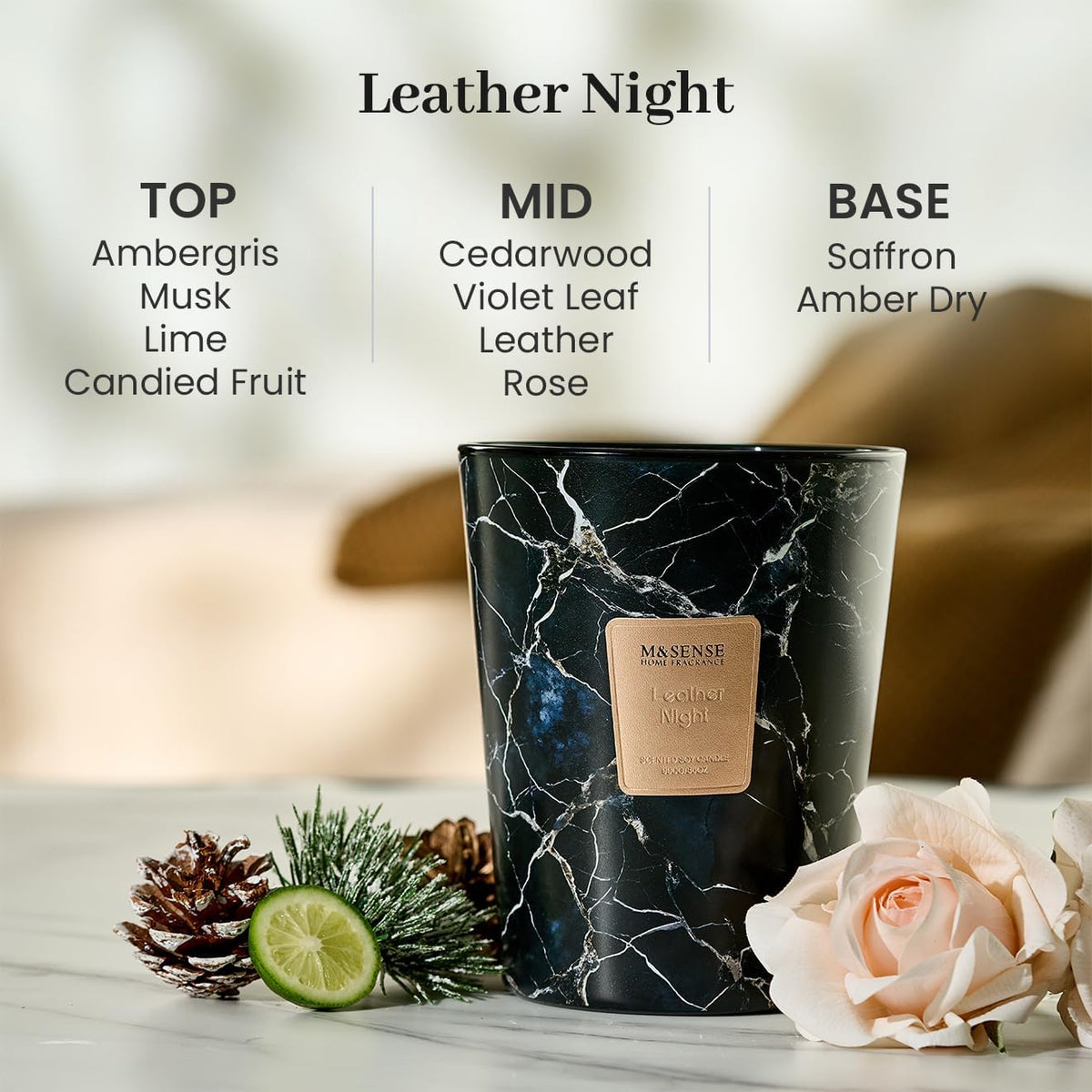 M&SENSE LeatherNight Scented Candles for Home, 3-Wick Highly Scented Jar Candles, Extra Large