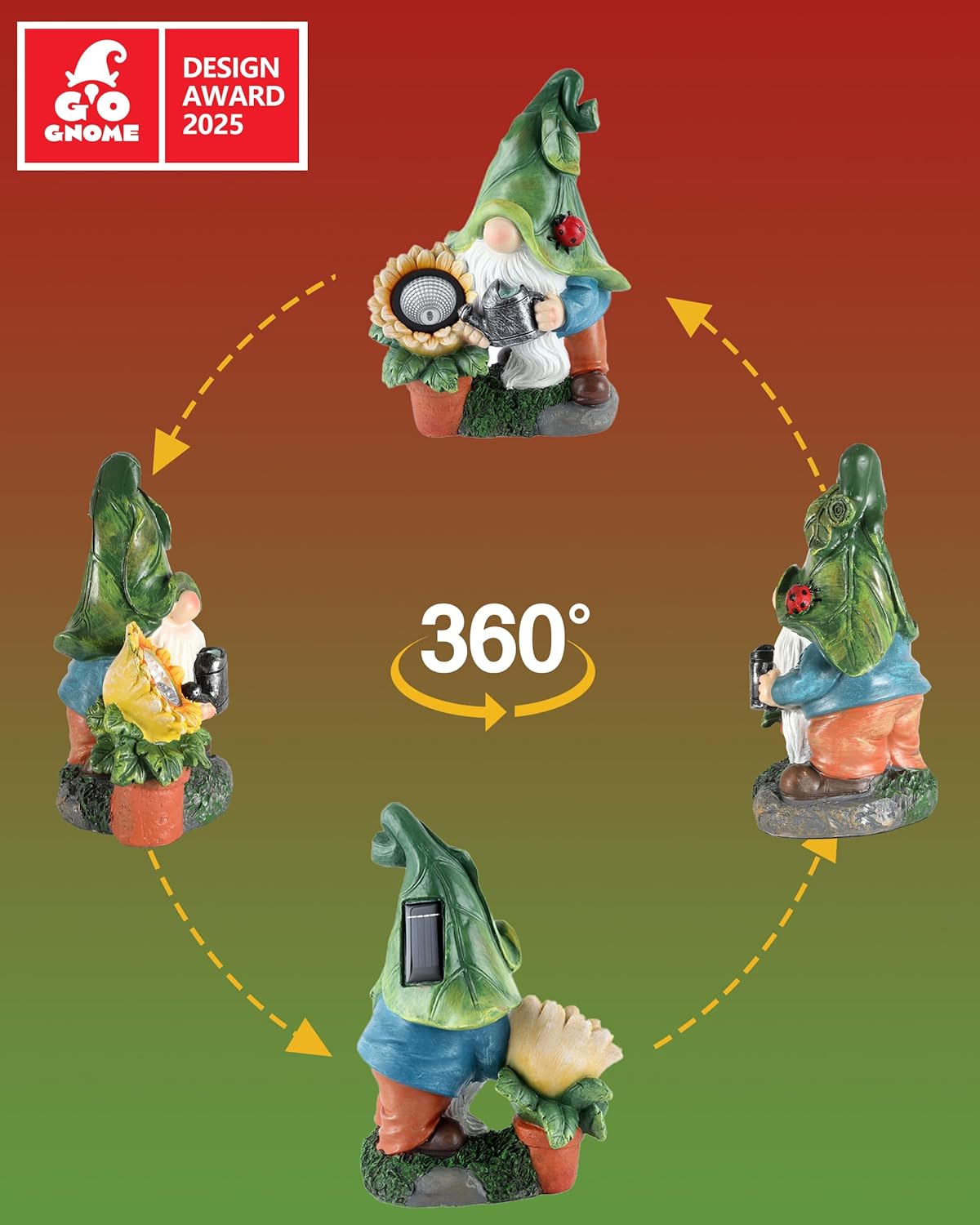 Solar-Powered Large Garden Gnome Watering Can Sunflower - 12 in Garden Decor Gnomes Decorations for