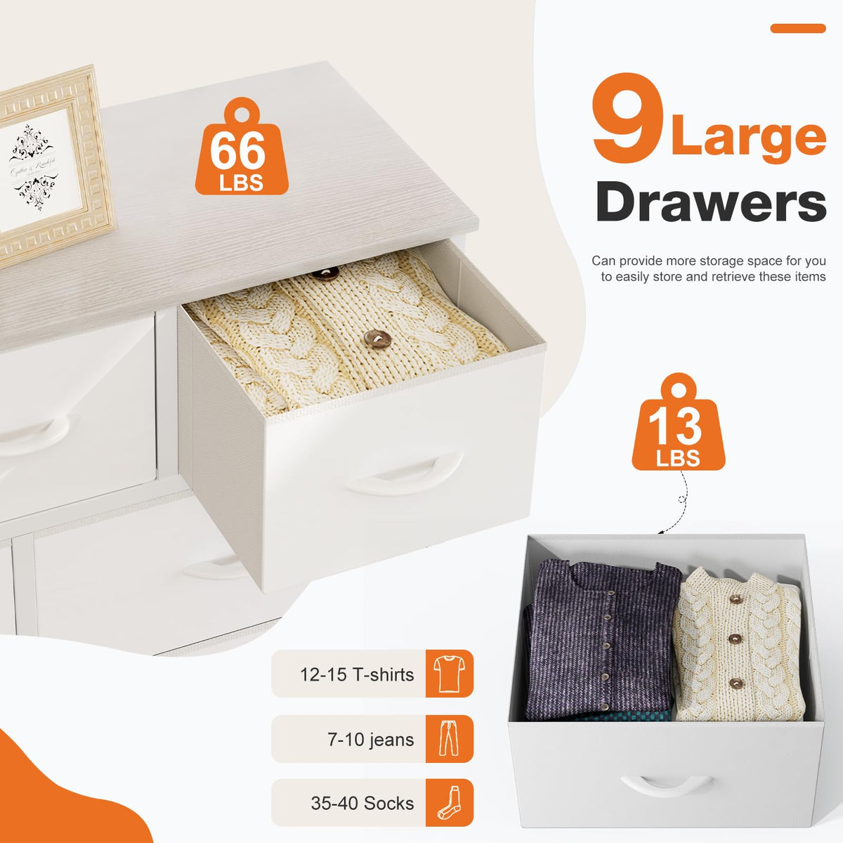 Sweetcrispy 9 Drawer Fabric Dresser Storage Tower Drawer Organizer, White