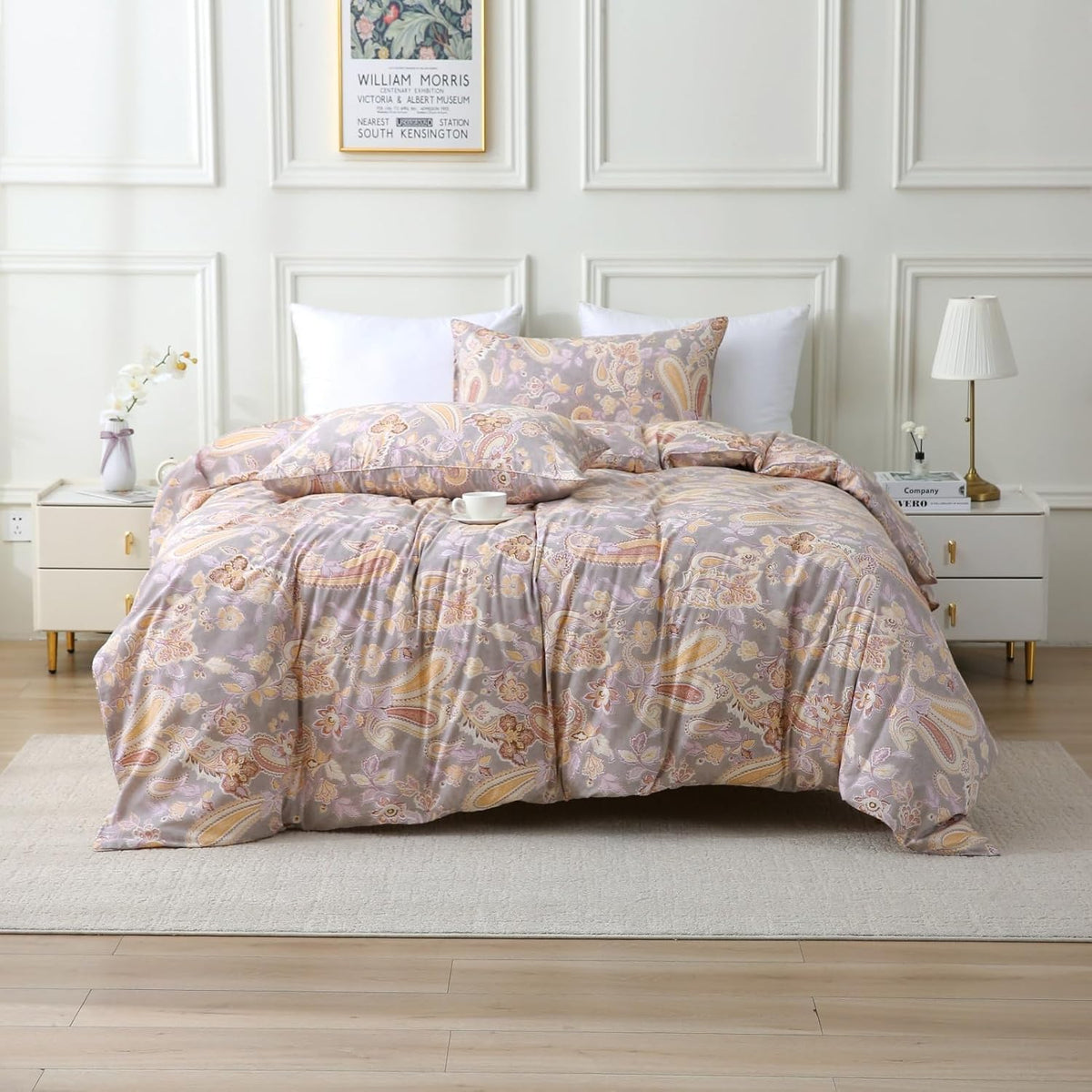 ABREEZE Paisley Bedding Sets 3Pcs Brushed Cotton Duvet Cover Set Queen Size Rustic Damask Gold