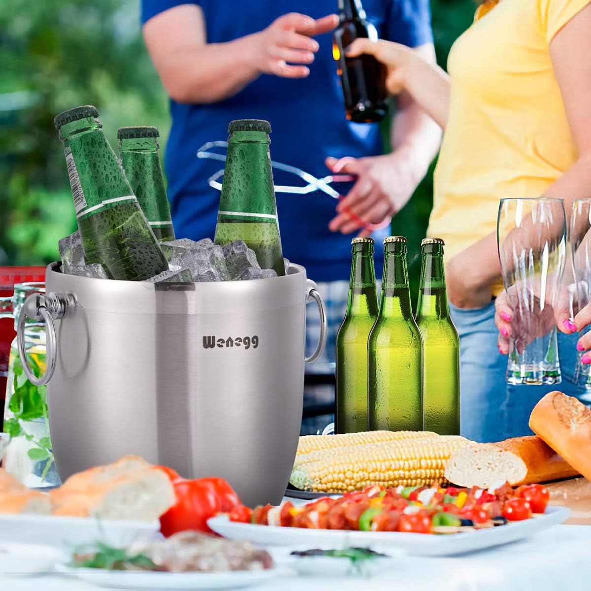 Ice Bucket with Lid, Scoop, Tongs and Strainer - Well Made Insulated Stainless Steel Keep Ice