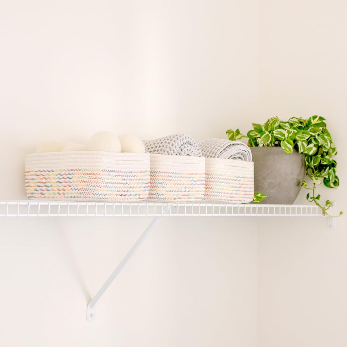 NaturalCozy 11.8"x8"x4.5” Rectangle Storage Baskets for Shelves 3 Pack | Cotton Rope Woven Small