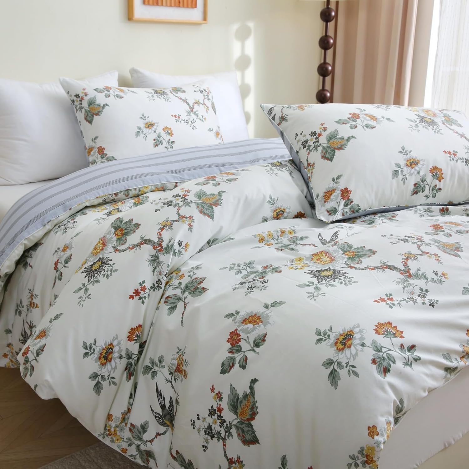 ABREEZE Floral Duvet Cover King Size Set Bird Flowers Bedding Set 100% Brushed Cotton Bedding