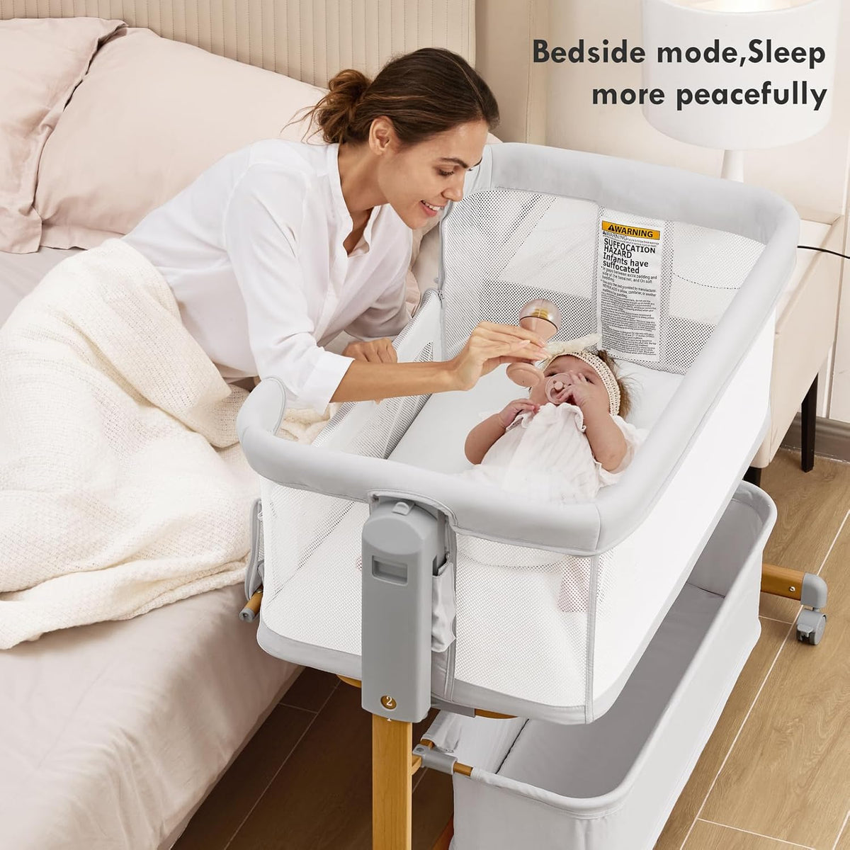 Baby Bassinet Bedside Sleeper, 3-in-1 Rocking Bassinet for Baby with 6-Level Height Adjustable, 4