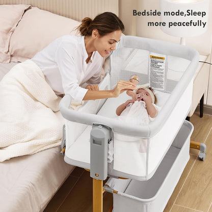 Baby Bassinet Bedside Sleeper, 3-in-1 Rocking Bassinet for Baby with 6-Level Height Adjustable, 4