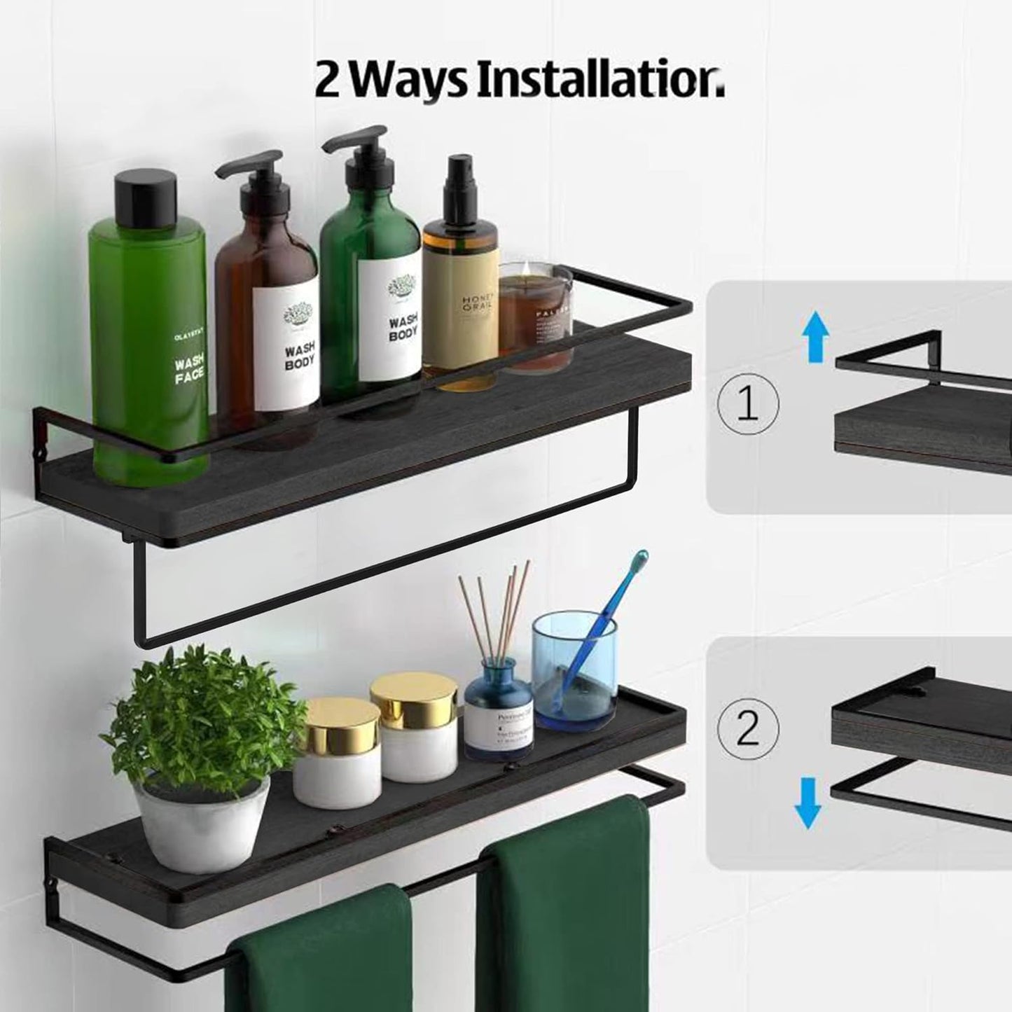 Meangood Floating Shelves Wall Mounted Set of 2, Wall Shelf with Towel Bar Rustic Wood Wall Storage