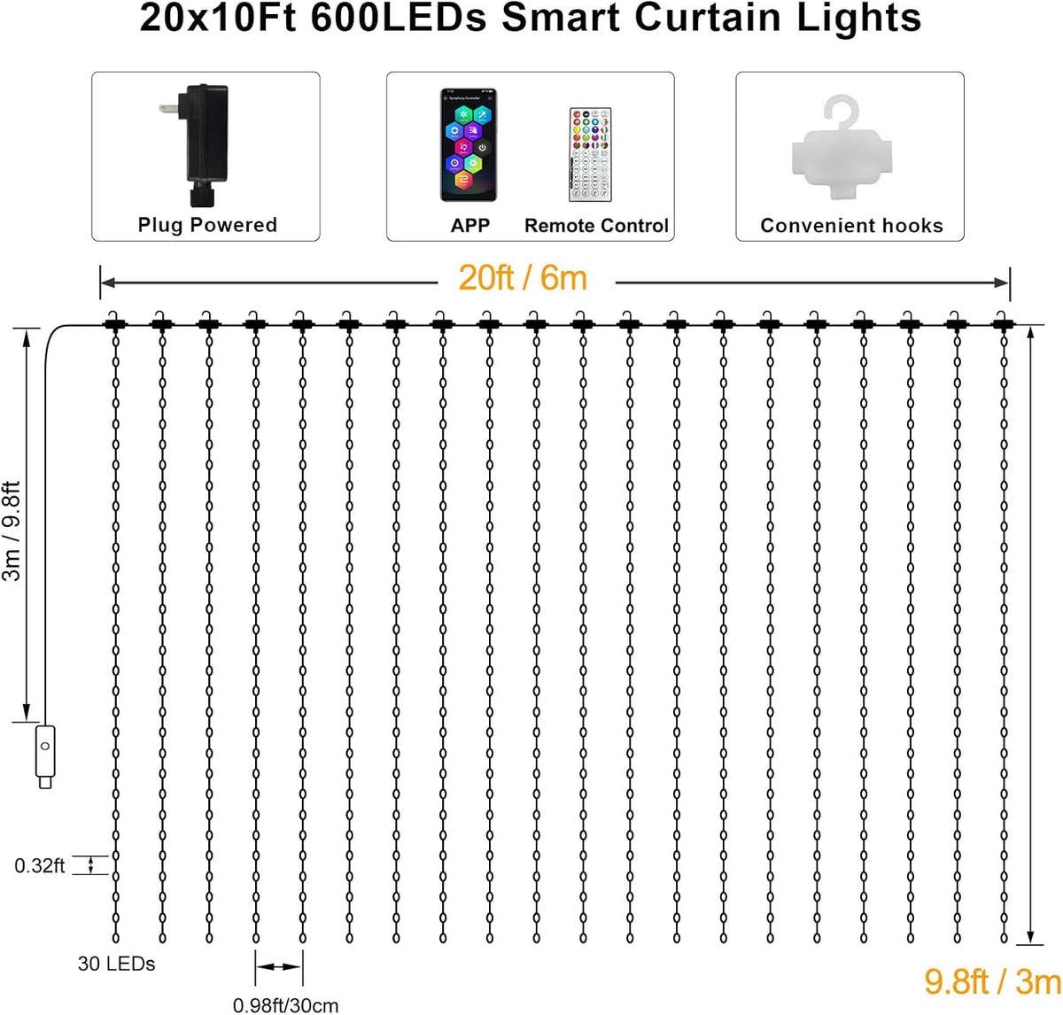 ZAIYW WiFi Smart RGB Color Changing Curtain Lights - 600 LED, Compatible with Alexa, App Control