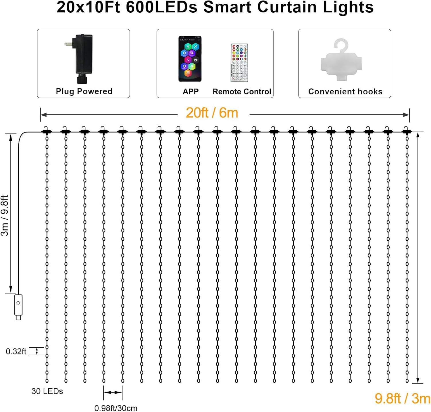 ZAIYW WiFi Smart RGB Color Changing Curtain Lights - 600 LED, Compatible with Alexa, App Control