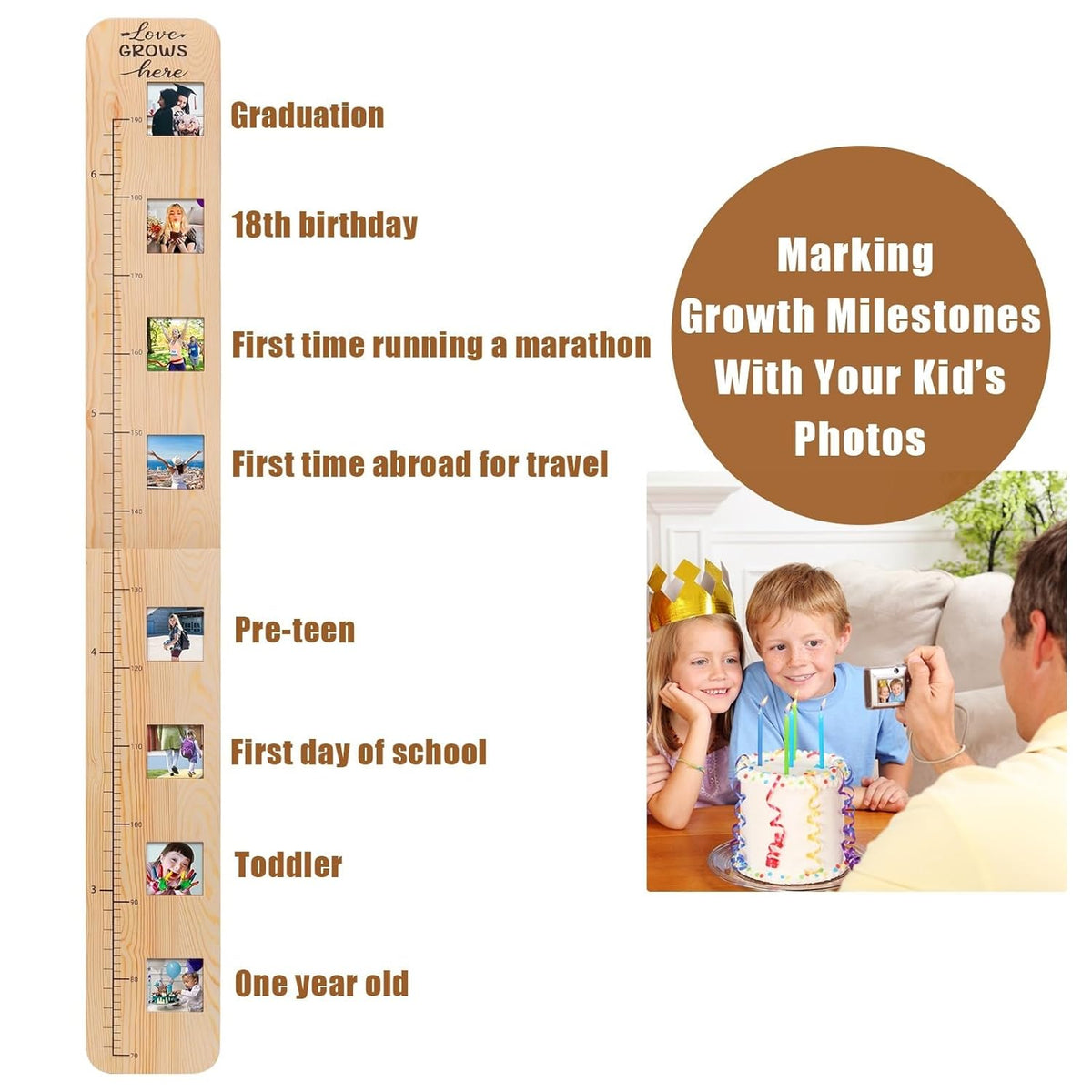 Garybank Solid Wood Growth Chart for Kids with Picture Frames, Height Measurement Ruler Milestone