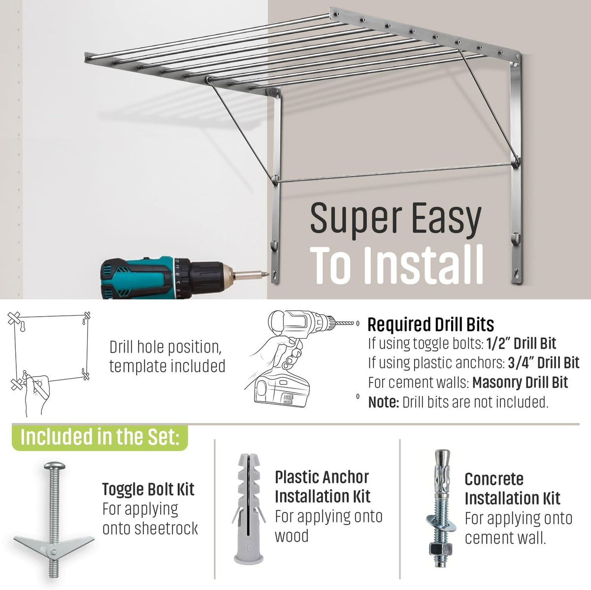 Smartsome | Wall Mounted | Clothes Drying Rack| 22" Wide |15 Linear Feet Capacity | 8 Smooth Round