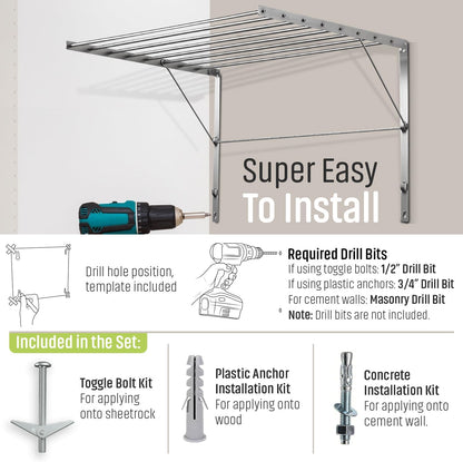 Smartsome | Wall Mounted | Clothes Drying Rack| 22" Wide |15 Linear Feet Capacity | 8 Smooth Round