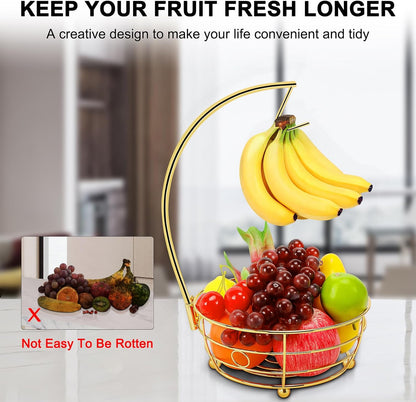 Livabber Countertop Fruit Basket Bowl with Banana Hanger, Modern Standing Fruit Vegetable Bowl