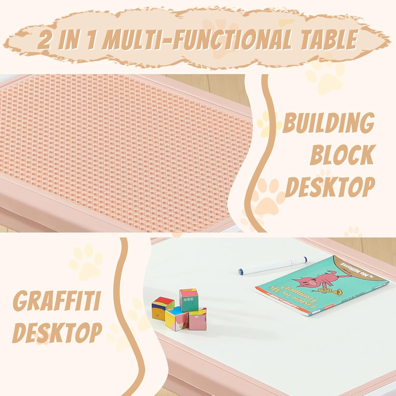 Multi Functional Kids Table and 2 Chairs Set, Graffiti & Building Blocks Double-Sided Tabletop