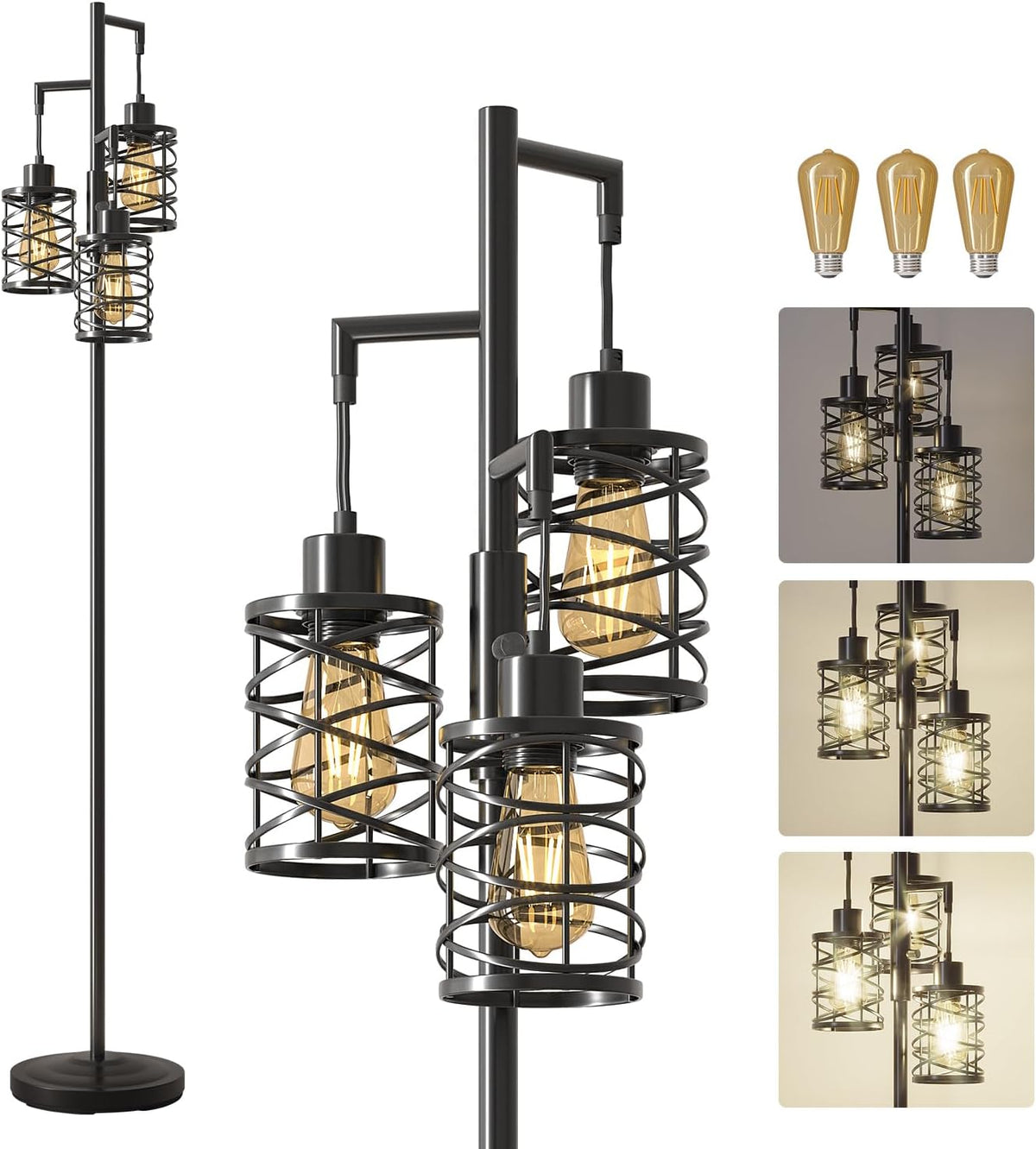 Oneach 70" Industrial Floor Lamp, Stepless Dimmable Standing Lamp with 3 Bulbs, Farmhouse Corner
