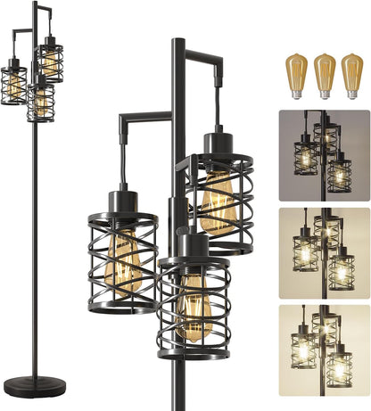 Oneach 70" Industrial Floor Lamp, Stepless Dimmable Standing Lamp with 3 Bulbs, Farmhouse Corner
