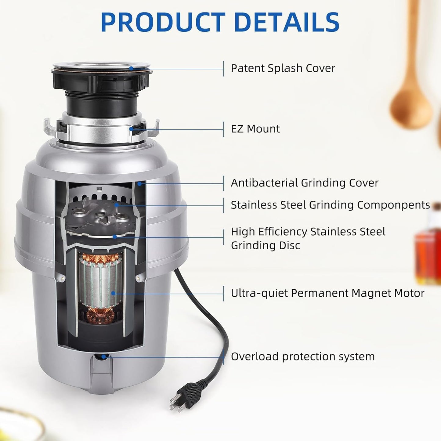 Powerful 3/4HP Stainless Steel Garbage Disposer, Dishwasher-Friendly and Continuous Feeding Waste