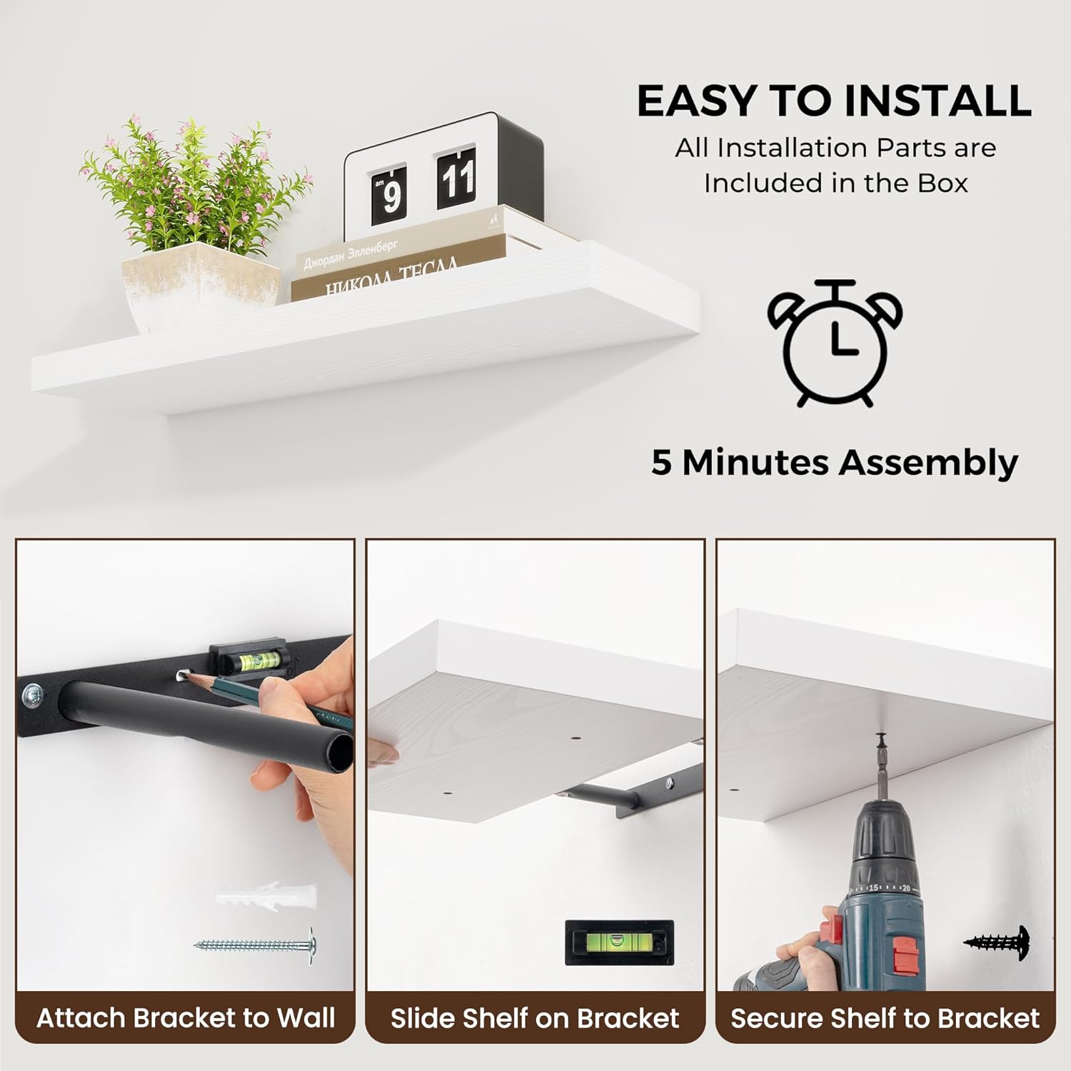 48 inch Floating Shelves for Wall Large Wall Mounted Shelves with Invisible Brackets, White Long