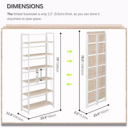 4NM No Assembly Foldable Bookshelf, 6-Shelf Collapsible Bookcase Storage for Small Spaces, 74" H