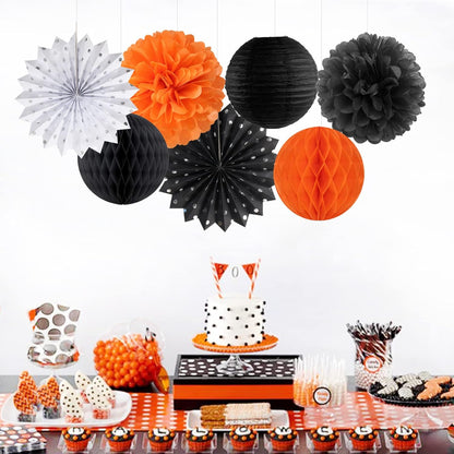 Black Orange White Halloween Party-Decorations - 14pc Kit Paper Lanterns Fan,Tissue Flower Pom Poms