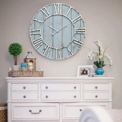 Large Farmhouse Wall Clock 24 Inch Vintage Blue Wooden Wall Clock with Quiet Ticking and Minimalist