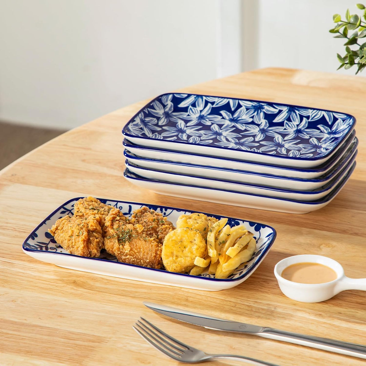 vancasso Selene 8.5 Inch Rectangular Salad Plates Set of 6, Ceramic Salad Plates for Sushi