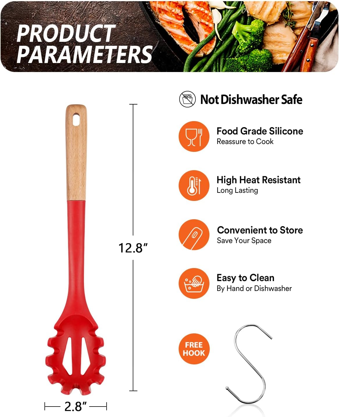 Silicone Pasta Fork, Kitchen Heat Resistant Noodle Spoon Server, BPA Free Spaghetti Strainer,12.8