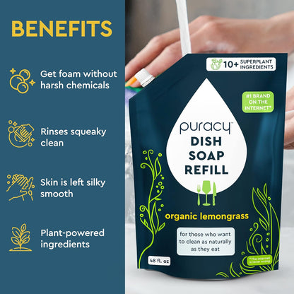 Puracy Natural Dish Soap Refill - Skin-Softening Plant-Based Liquid Dishwashing Detergent Soap