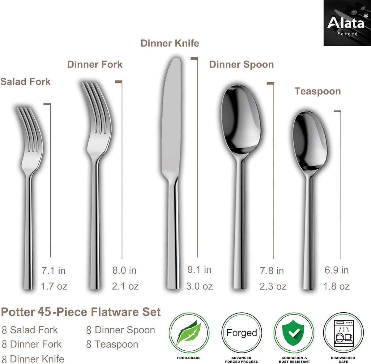 Alata Potter 45-Piece Forged Stainless Steel Flatware Set Cutlery Set,Service for 8,Silver