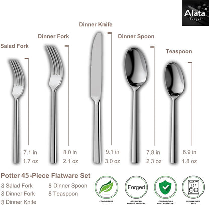 Alata Potter 45-Piece Forged Stainless Steel Flatware Set Cutlery Set,Service for 8,Silver