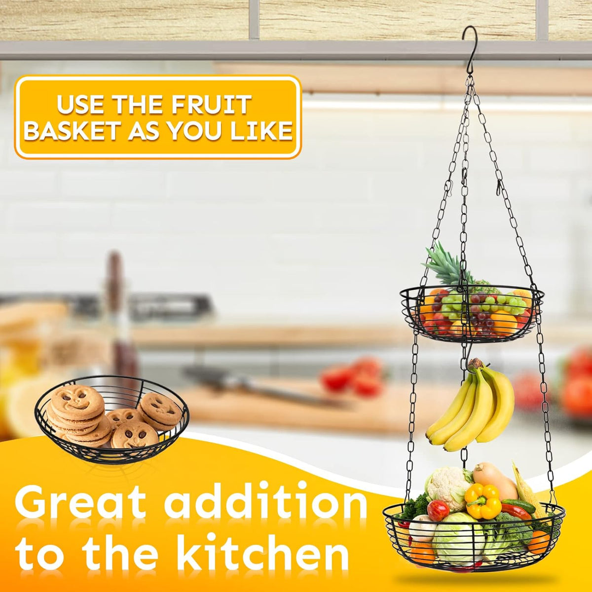 HULISEN 3 Tier Hanging Fruit Basket with Banana Hook, Heavy Duty Wire Hanging Baskets for Kitchen